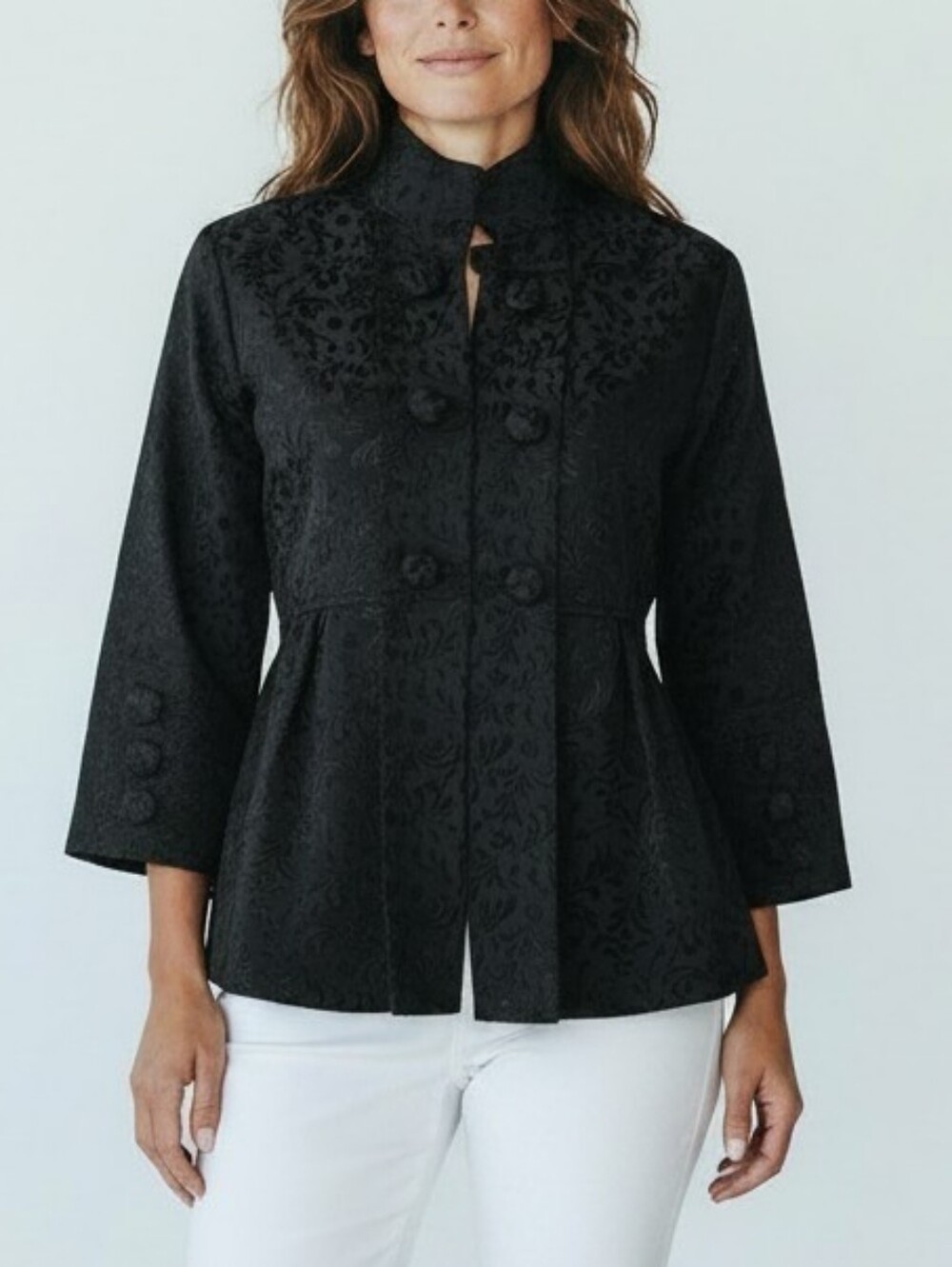 TWEEDSM Black Floral Brocade Jacket Women's Mandarin Collar Peplum 3/4 Sleeve M